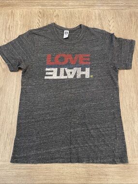 Human Rights Campaign Love Conquers Hate Tshirt, dark grey, super soft, M 18x26